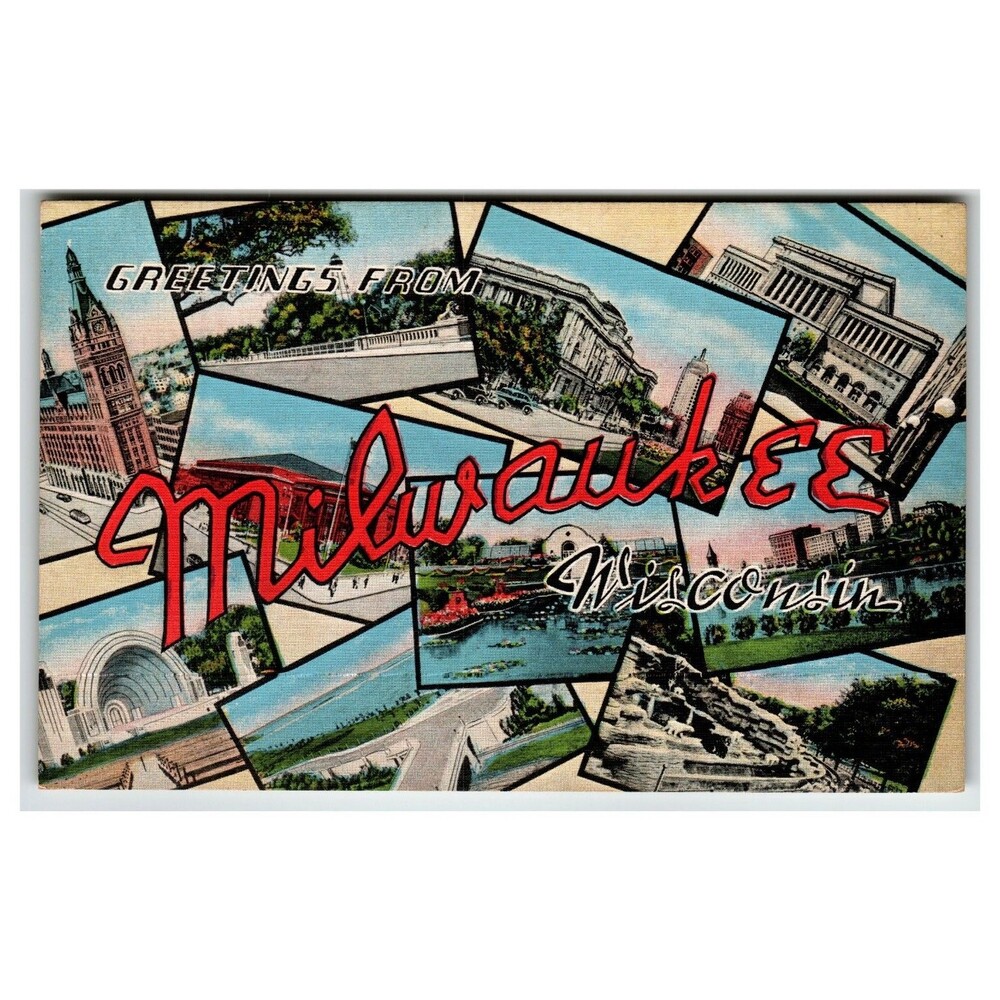 Greetings From Milwaukee Wisconsin Large Letter Linen Postcard Multi-View